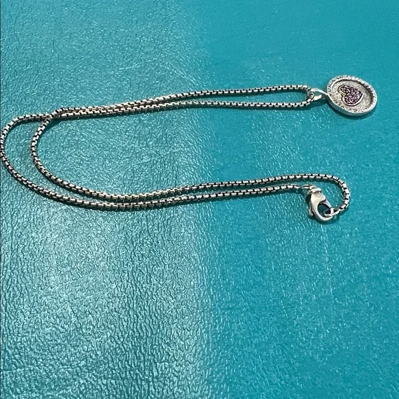 David Yurman Sterling Silver Pink Sapphire Heart Charm Necklace - Picture 3 of 5